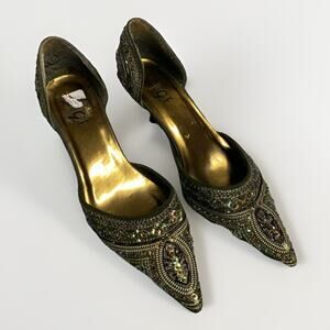 ROUGE Helium Kitten Heels W Sz 5.5 Olive Green D’Orsay Embossed Beads Elegant